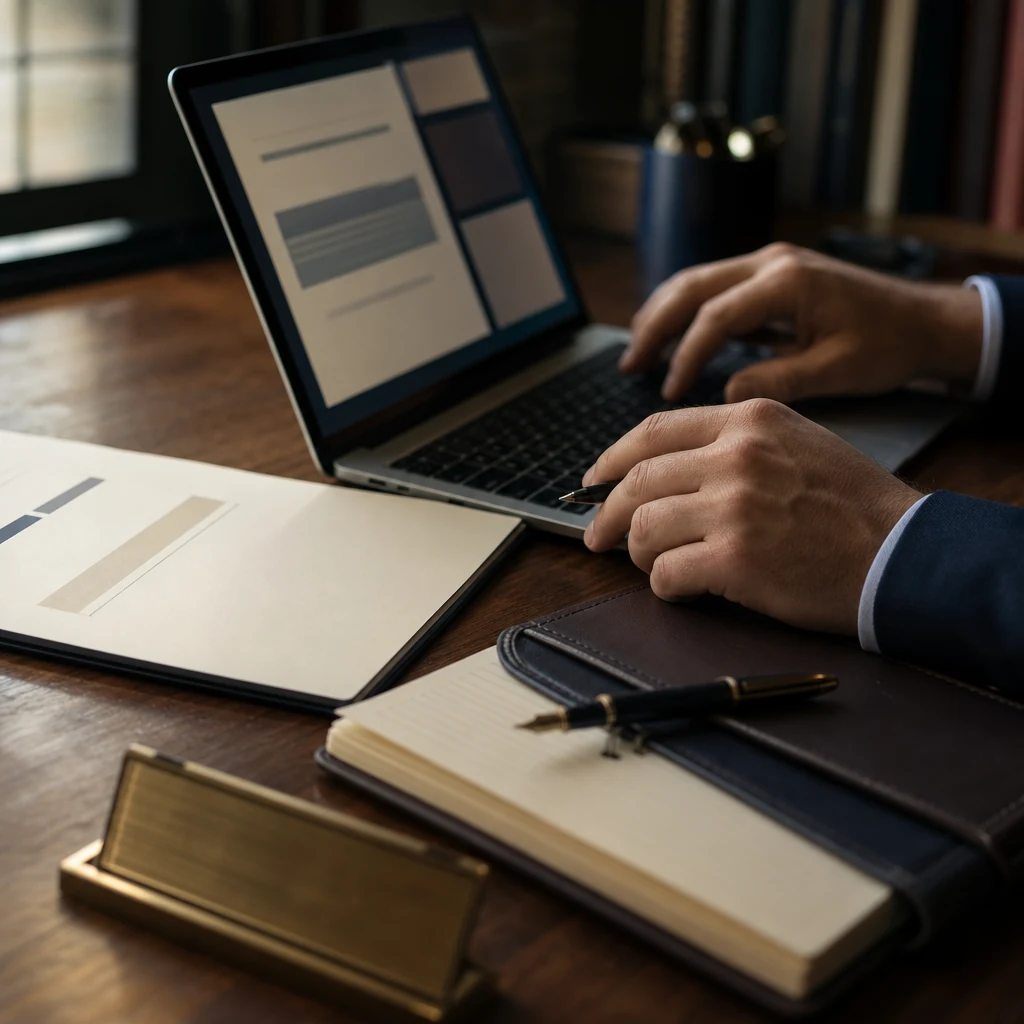 Close-up detail shot of two hands resting near an open laptop keyboard on a warm wood desk, a printed document visible o