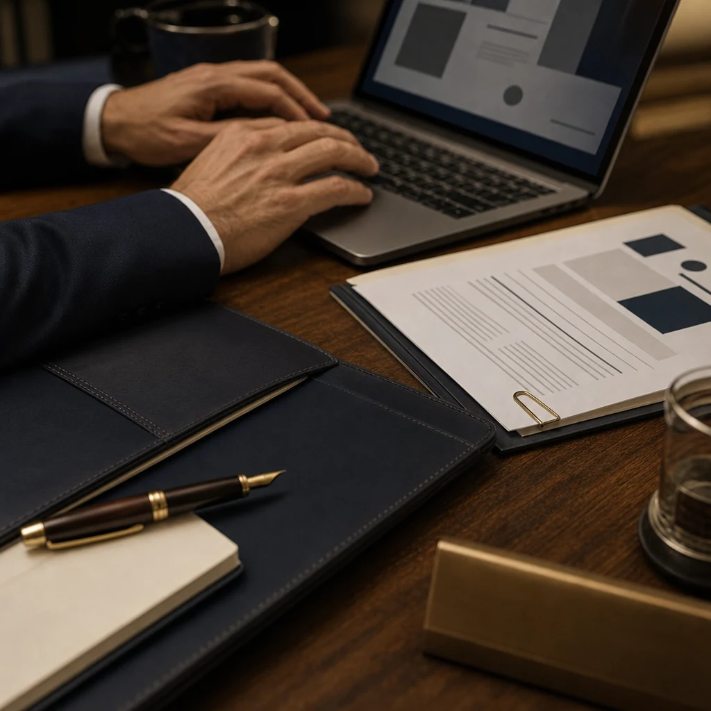Close-up detail shot of two hands resting on a laptop keyboard, a printed legal document visible beside it as soft abstr