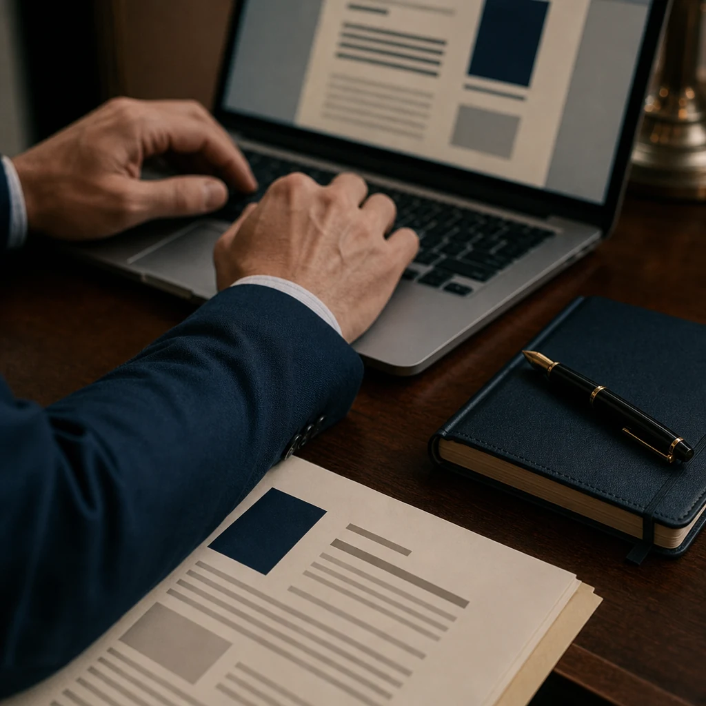 Close-up detail shot of two hands resting near a laptop keyboard, a printed contract document visible on the desk as abs