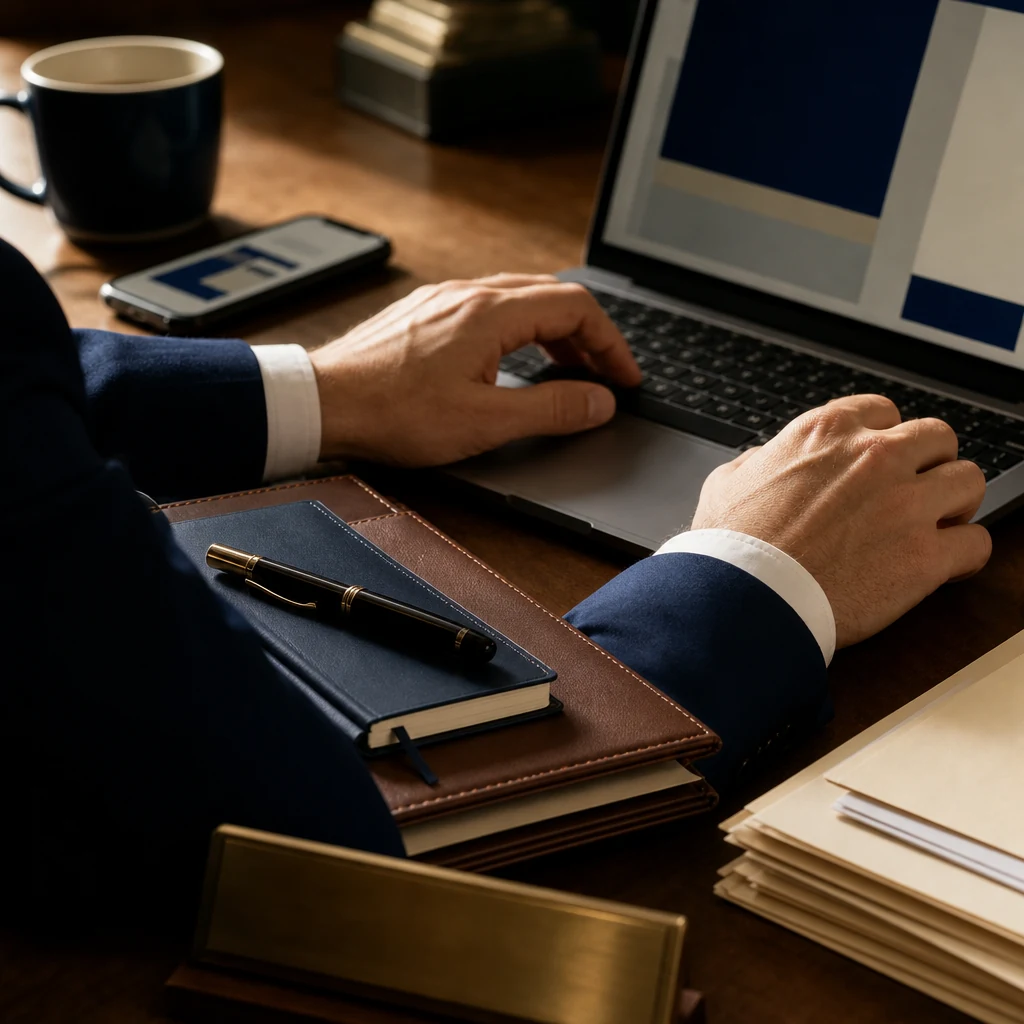 Close-up detail shot of two hands resting near an open laptop keyboard, a leather portfolio and fountain pen in soft foc