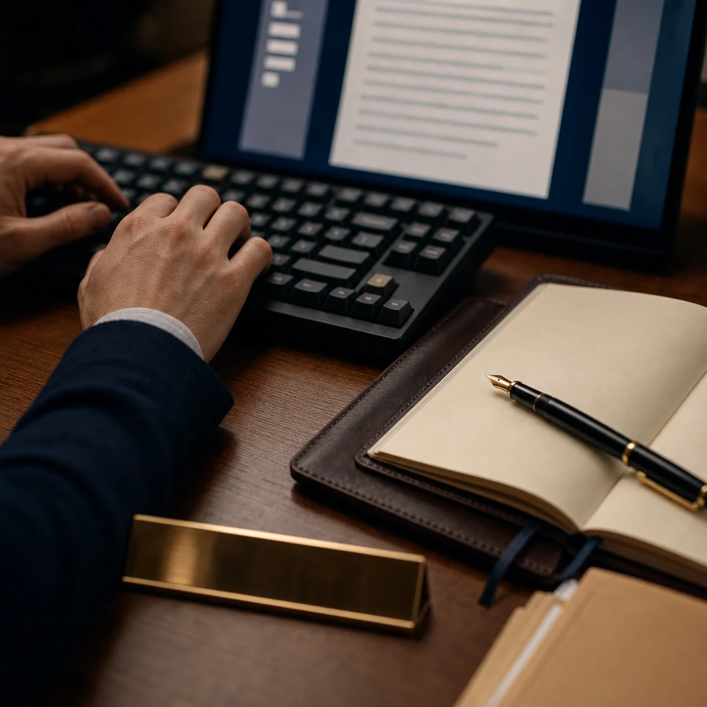 Close-up detail shot of hands resting on a mechanical keyboard, a Word document visible on screen as soft abstract white