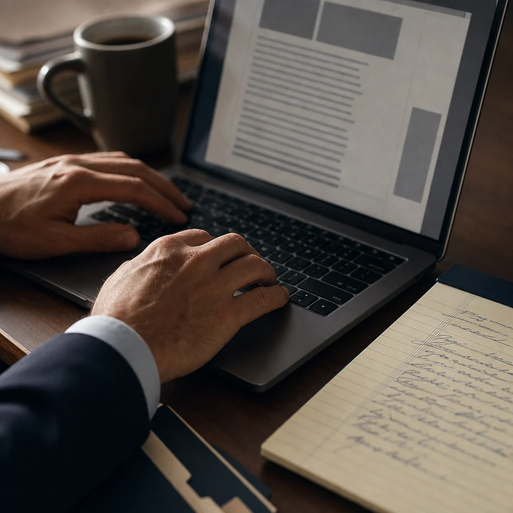 Close-up detail shot of two hands resting on a laptop keyboard, a legal notepad with handwritten notes visible only as a