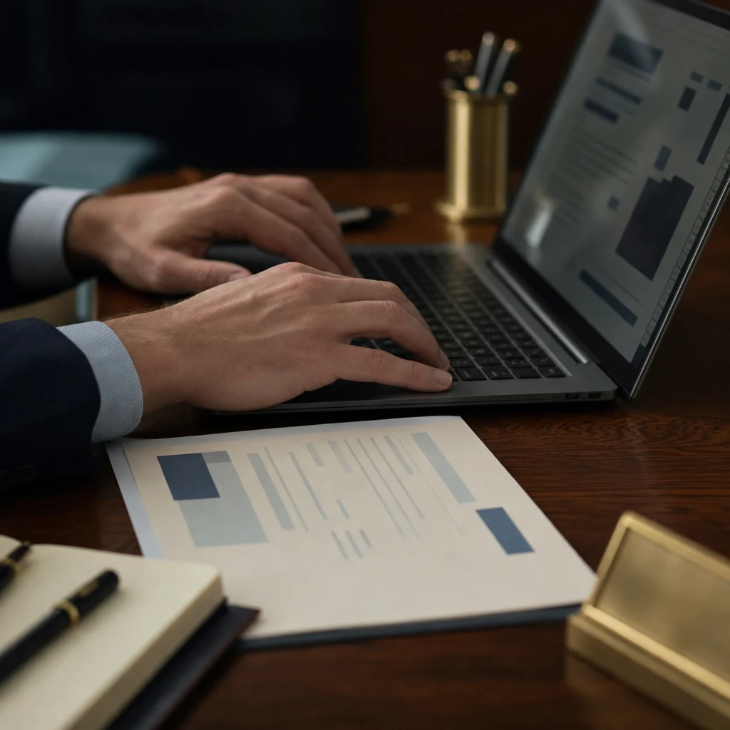 Close-up of two hands resting on a slim laptop keyboard, a printed contract visible on the desk beside it as soft abstra