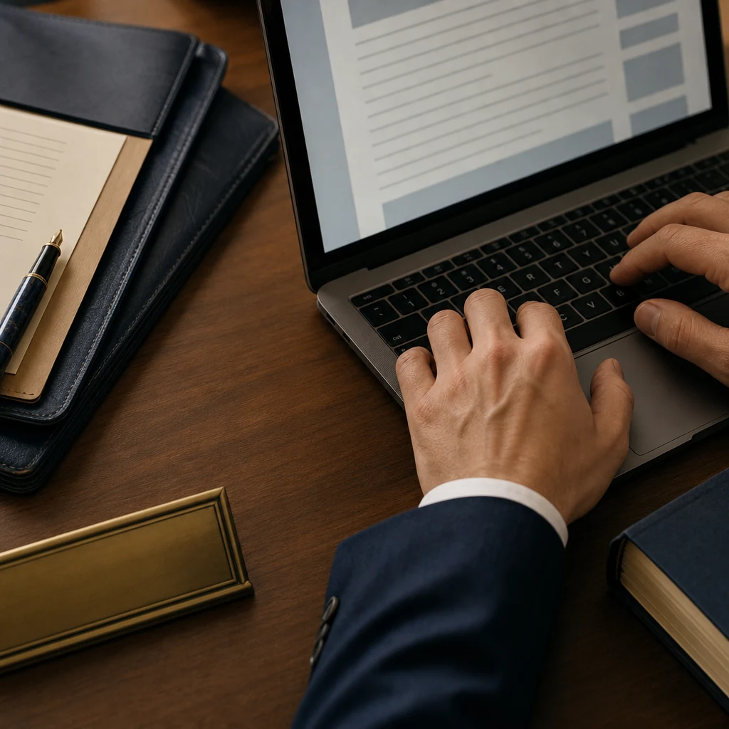 Close detail shot from slightly above: two hands resting on a laptop keyboard, fingers just touching the keys, with a bl