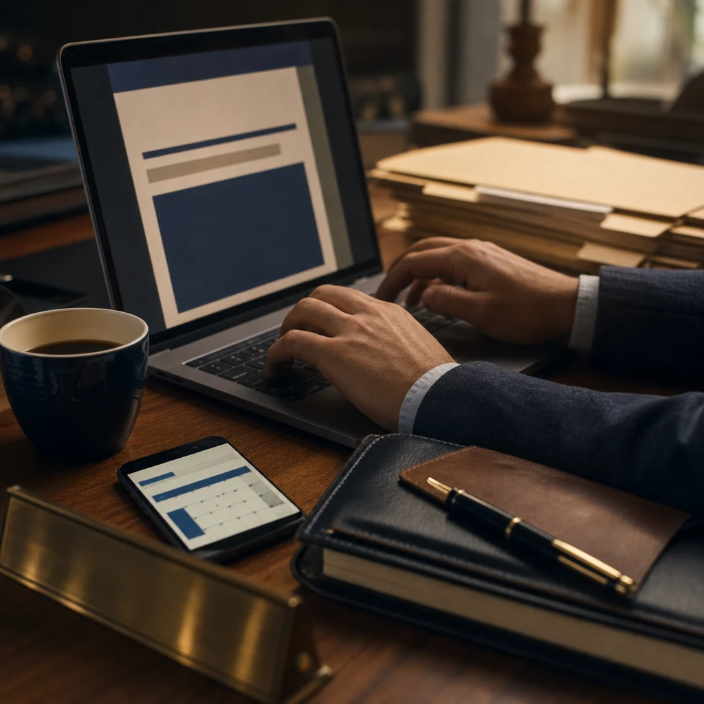 Close detail shot from a slight angle: two hands resting on a slim laptop keyboard, a contract document visible on scree