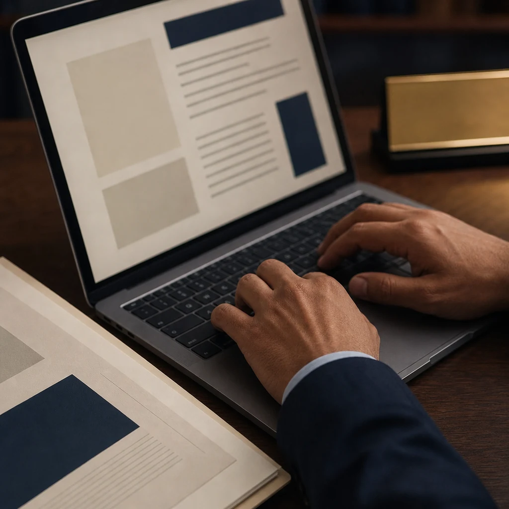 Close-up detail shot of hands resting on a laptop keyboard, a printed legal document visible just at the edge of the fra